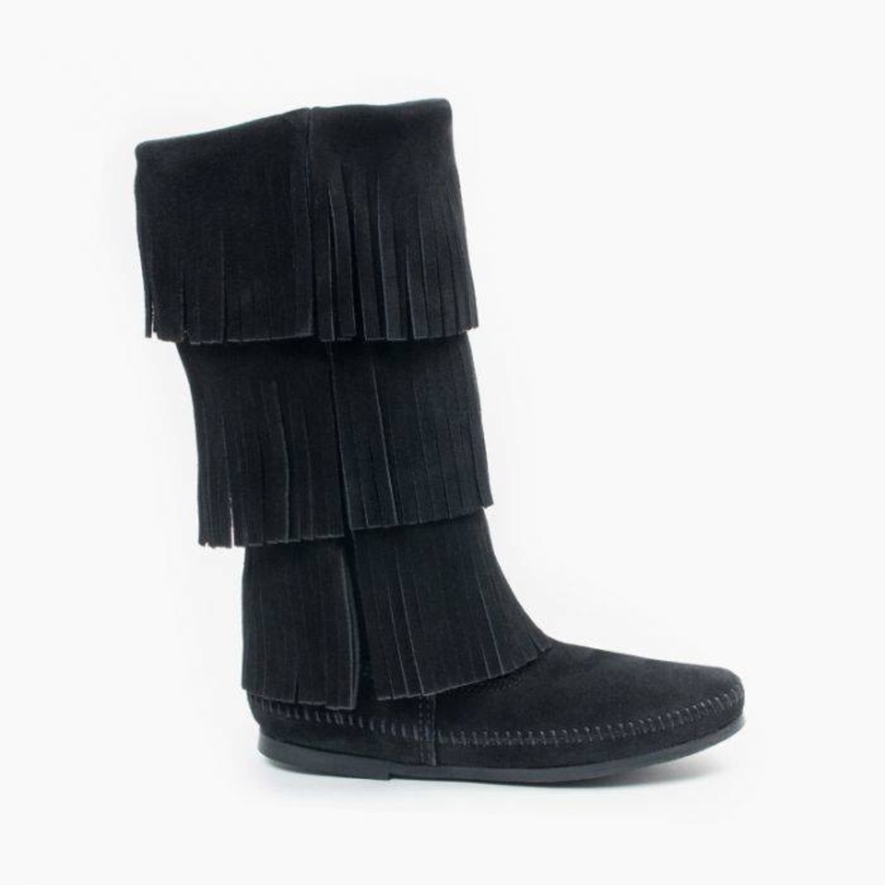 Minnetonka black 3 layer fringe boots